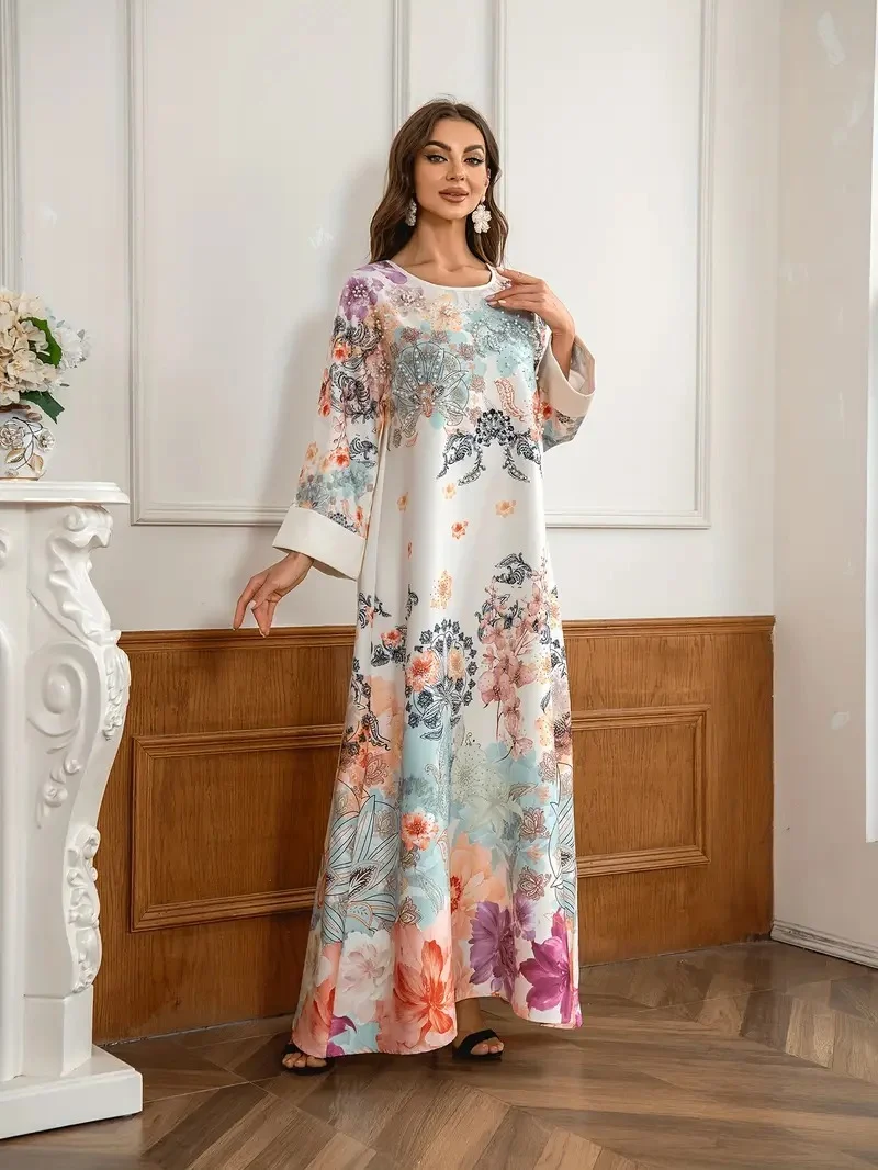 Elegant Floral Print Long Kaftan Dress - Image 6