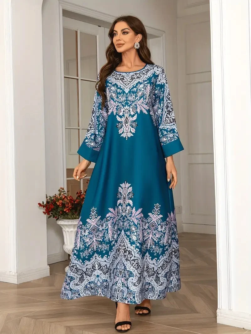 Printed Long Kaftan Dress - Long Sleeved, Round Neck With Bead Embellishment - Image 6