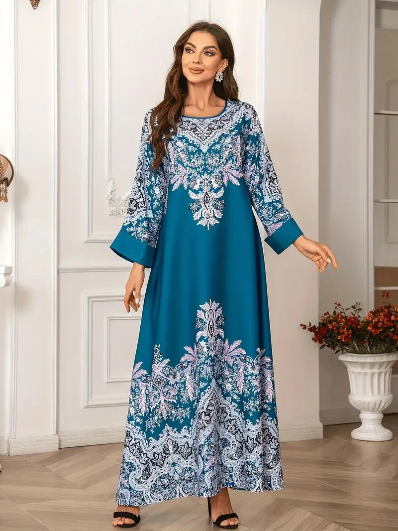 Printed Long Kaftan Dress - Long Sleeved, Round Neck With Bead Embellishment - Image 4