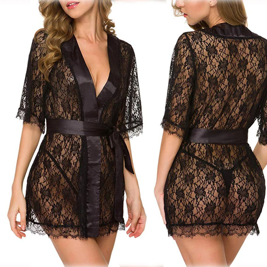 Lingerie Women Lace Hollow-out Robe Suits Pajamas - Image 3