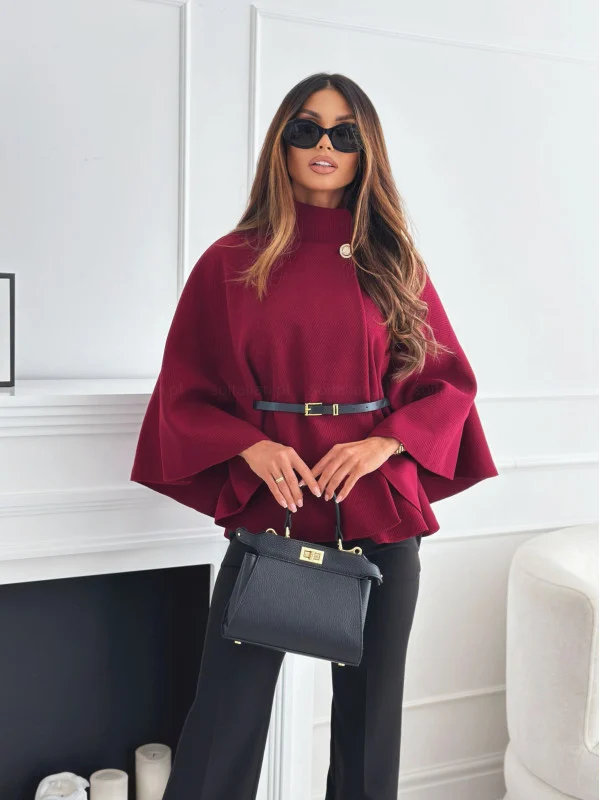Stand Collar Batwing Sleeves Cloak Top with Belt - Image 8