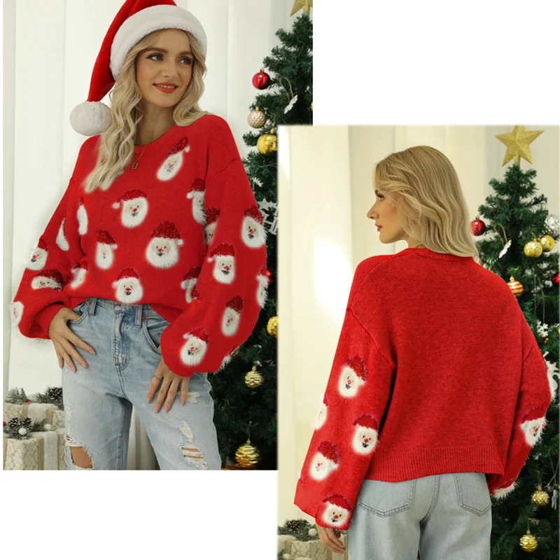 Christmas Sweater Women Cute Cartoon Santa Print Knit - Image 3