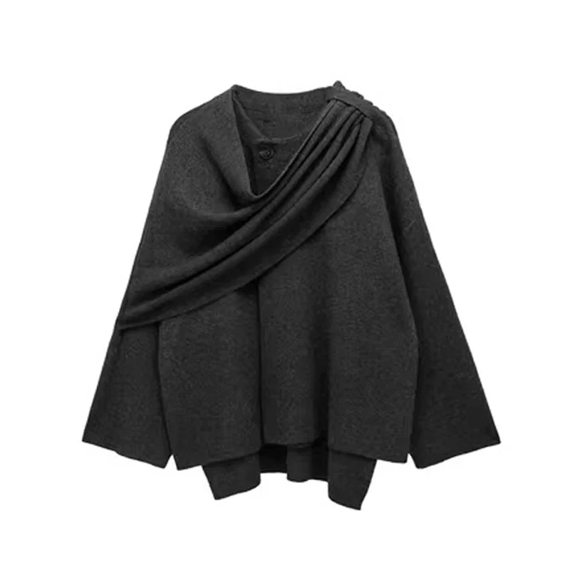 Solid Knitted Cardigan with Asymmetrical Scarf Design - Image 6