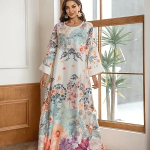 Elegant Floral Print Long Kaftan Dress