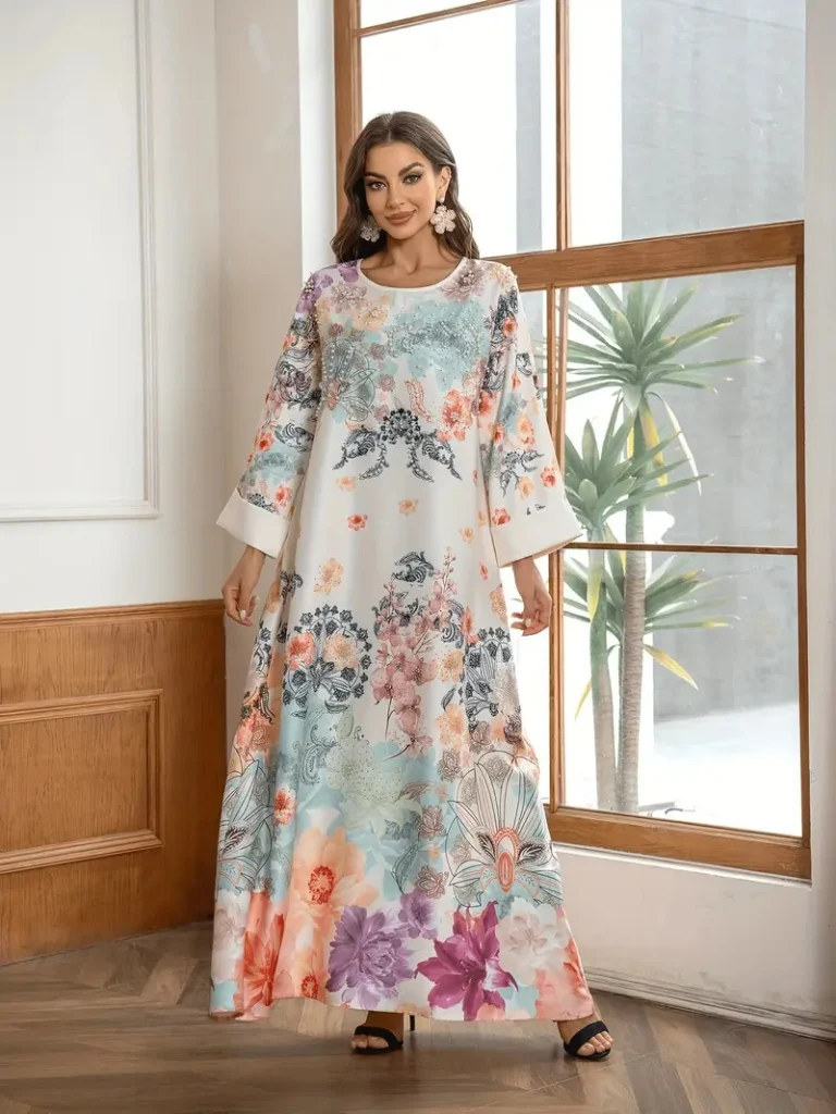 Elegant Floral Print Long Kaftan Dress