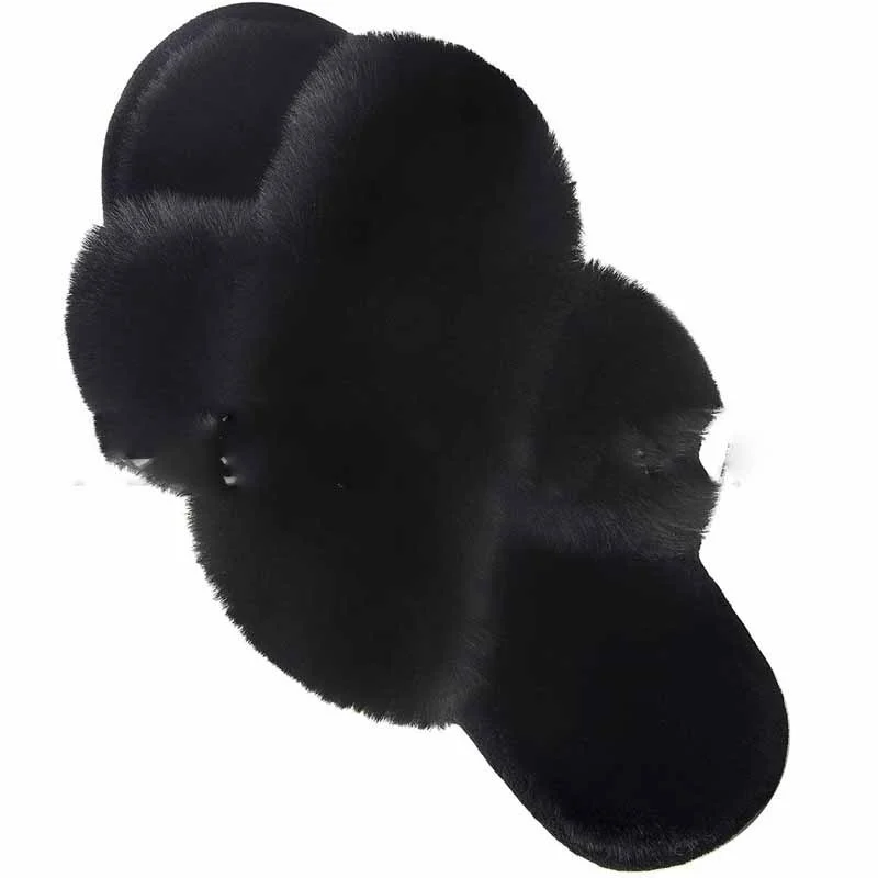 Women Fashion Warm Fluffy Slippers Cozy Faux Fur Cross