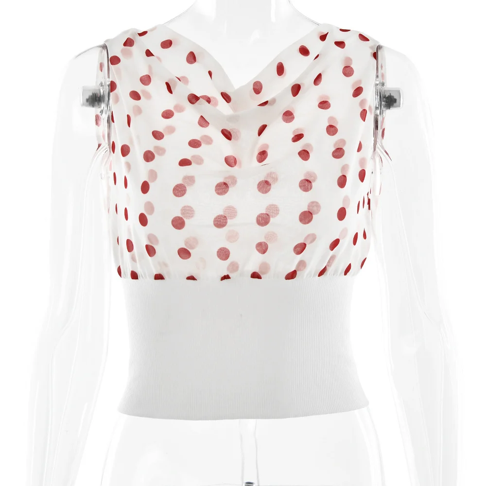 Polka Dots Print Oblique Shoulder Tops Summer Patchwork - Image 10