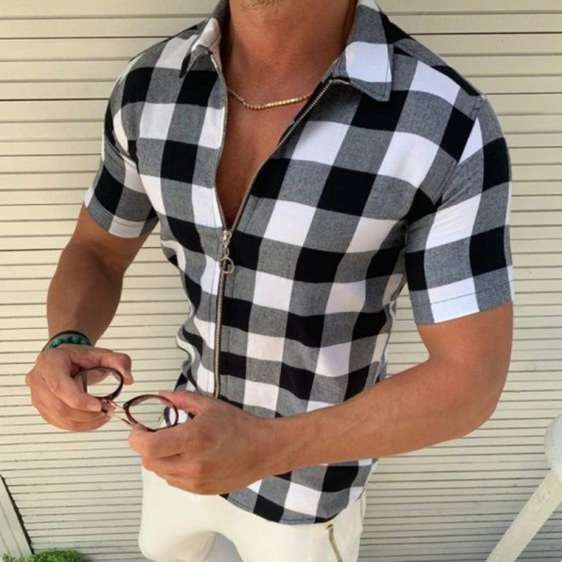 Plaid T Shirt Mens Zipper Short Sleeve Shirts Summer Men Clothing - Image 4